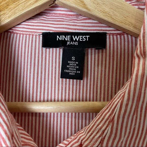 Nine West Casual Pinstripe Popover Blouse Short Sleeve Red White Size Small - Picture 7 of 9